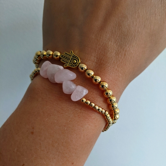 2 Bracelets natural rose stones , gold plated beads and Hasma stackable - Picture 4 of 10